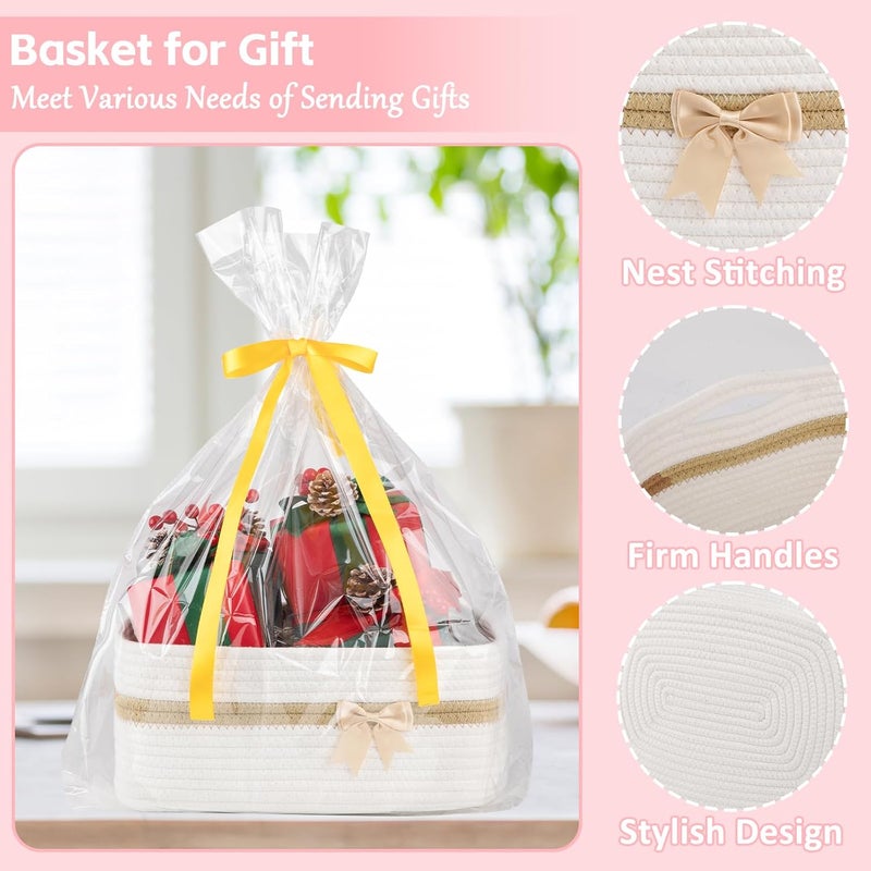 OIAHOMY Large Woven Storage Basket with Handles for Nursery Living Room Shelves, Bow Basket for Gifts Empty with Gift Bags and Ribbons for Baby Showers Pet Toy Bin - White - Image 5